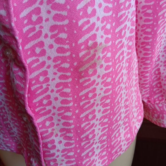 Medium Vintage Blouse Abstract Print Pink White Button-Up Size 10 1960's Mod - Picture 3 of 7